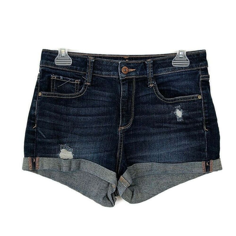 Arizona Womens sz 9 Shorts Denim Dark Wash Faded Distressed Shortie Roll Cuff